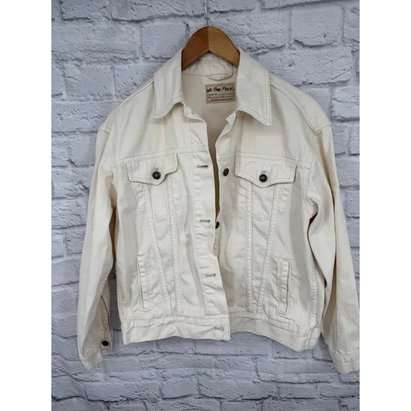 We The Free Free People Cream Denim Trucker Jacket Womens XS Relaxed Fit Boho - Picture 2 of 10
